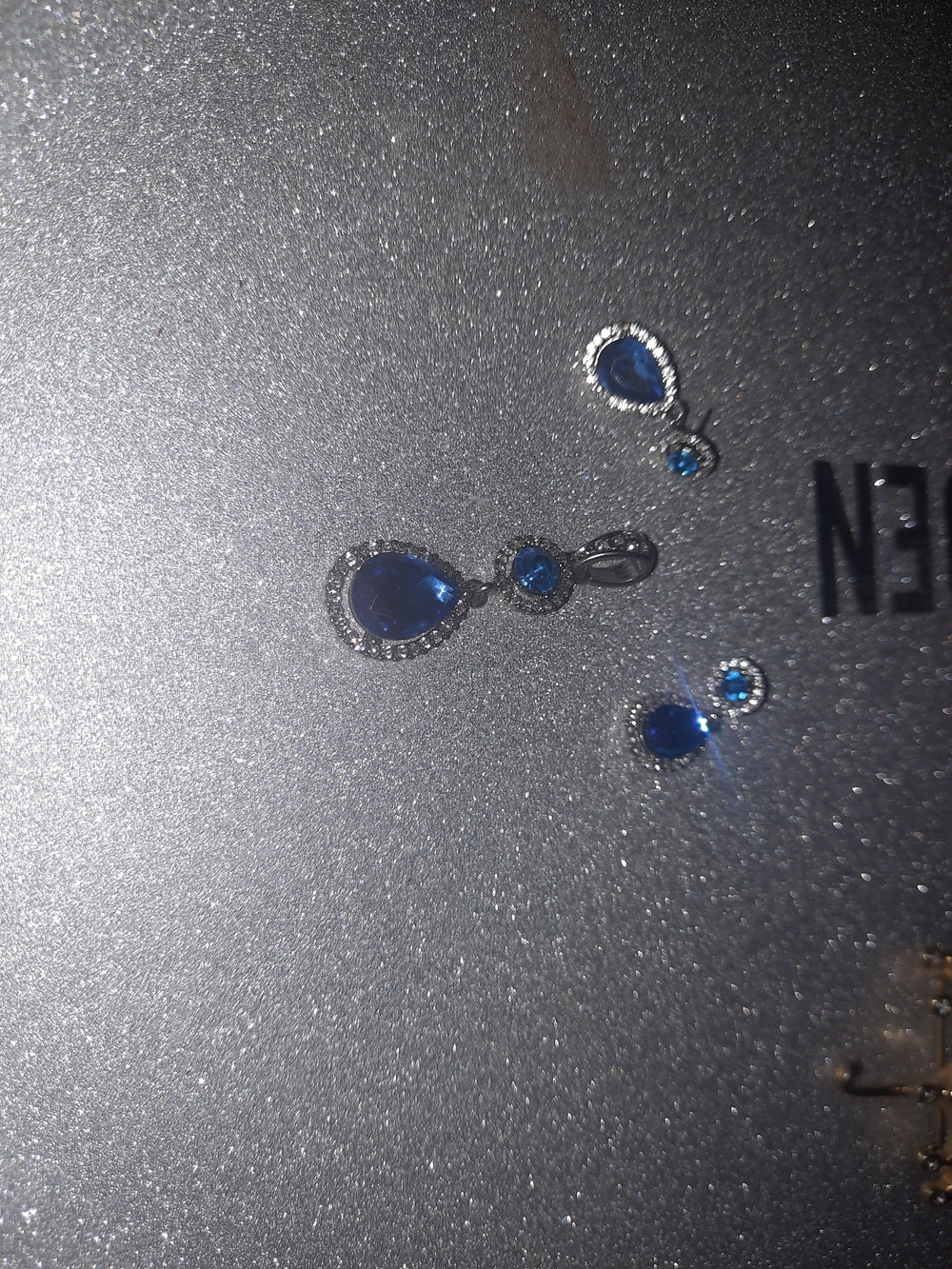 Silver Drop Necklace and Earring Set with Deep Blue Stones